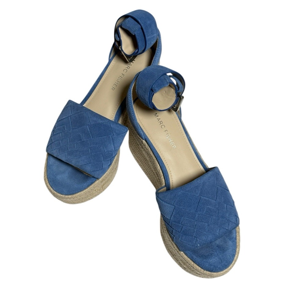 Marc Fischer Blue Suede Espadrille Wedge Sandal Ankle Strap Size 6 1/2